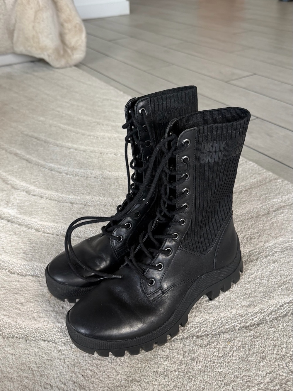 DKNY Black Lace-Up Ribbed Ankle Combat Boots